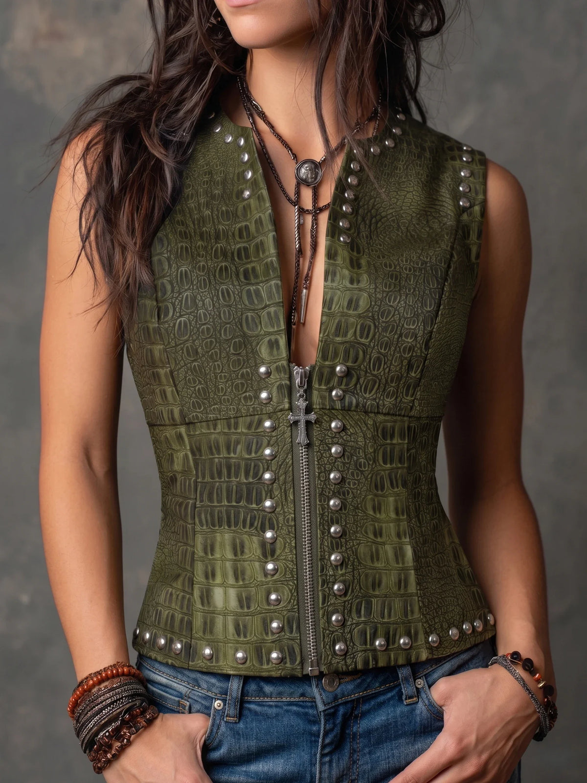 Olive Green Croc Embossed Faux Leather Sleeveless Studded Corset Vest, Western Zip Front Slim Waistcoat Tank Top