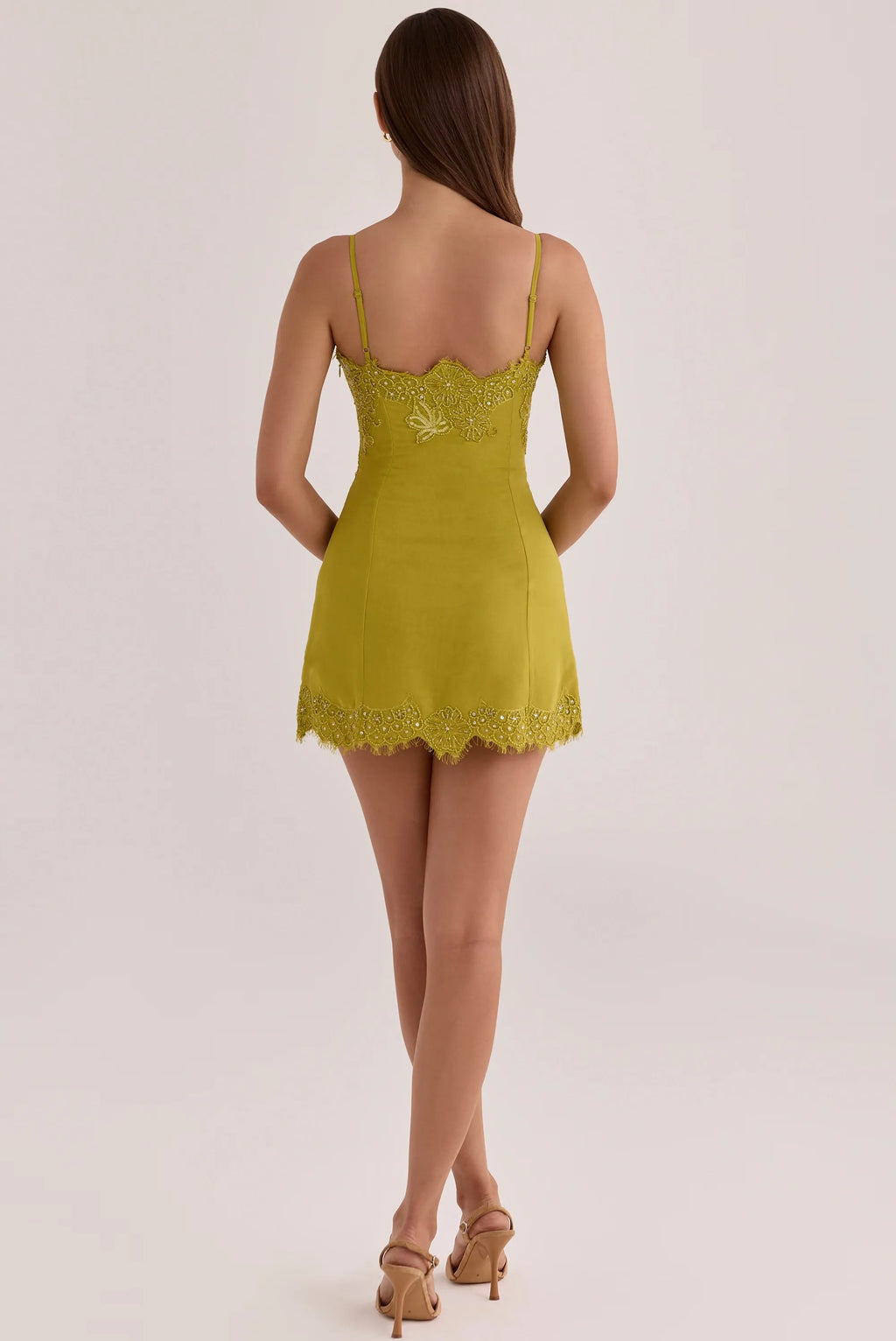 Mustard Yellow Lace Beaded Bustier Spaghetti Strap Mini Dress
