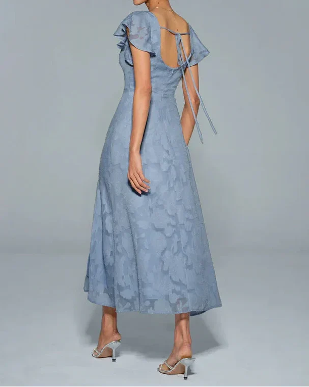 Dusty Blue Square Neck Flutter Sleeve Burnout Floral Back Tie Slit Midi Dress
