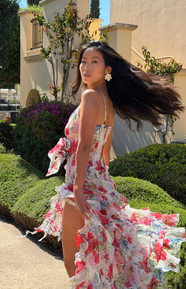 3D Flower Ruffle Chiffon High-Low Maxi Dress