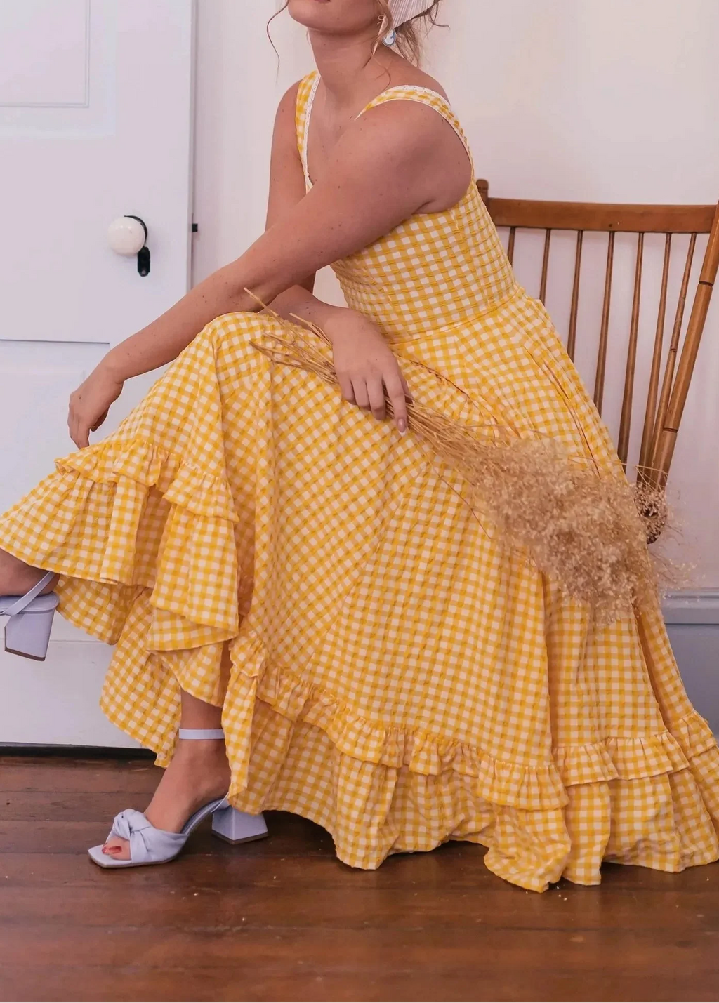 Yellow Gingham Square Neck Cami Ruffle Hem Midi Dress
