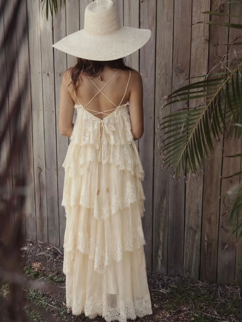 Cream Lace Tiered Open-Back Spaghetti Strap Maxi Dress