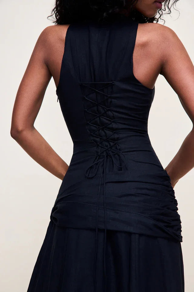Halter Neck Keyhole Cutout Side Bow Tie Irregular Hem Midi Dress
