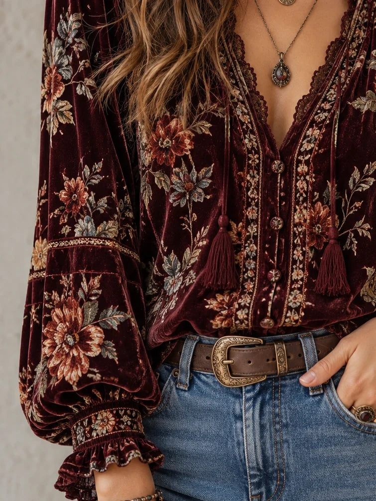 Floral Velvet-Look Tassel Blouse
