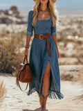 Square Neck 3/4 Sleeve Fringe Hem Denim Midi Dress