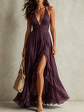 Halter Deep V-Neck Ruffle Slit Maxi Dress