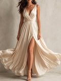 Deep V-Neck Satin A-Line Maxi Dress