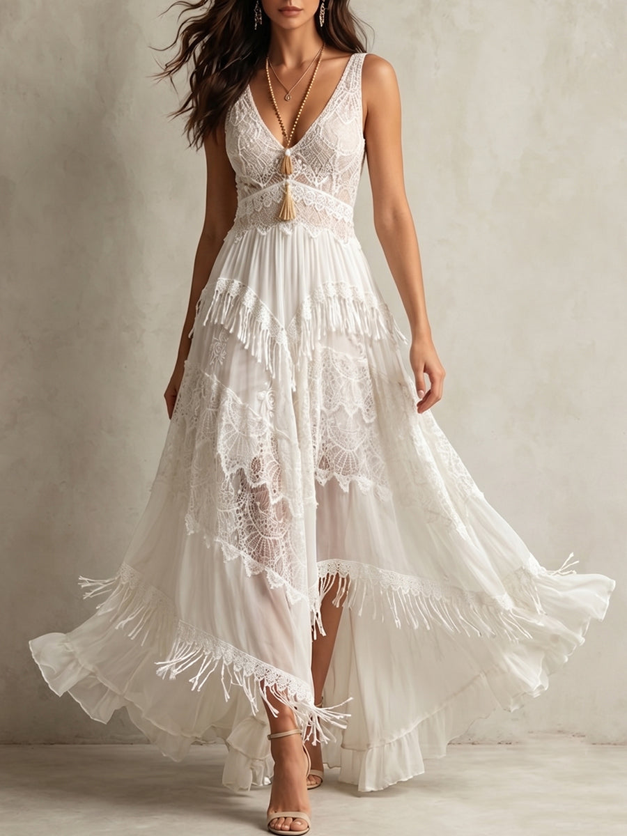 Lace Fringe Tiered Boho Maxi Dress