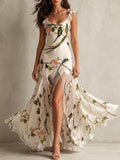 Bird Floral Print Ruffle Strap Satin Maxi Dress