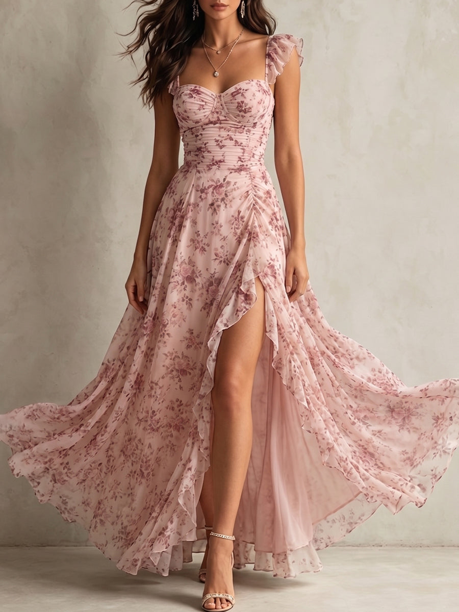 Floral Print Corset Ruffle Slit Maxi Dress