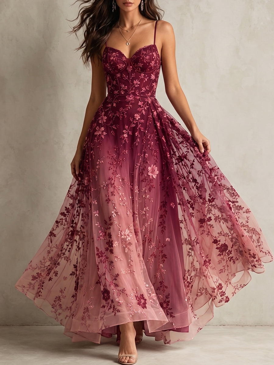 Ombre Floral Embroidered Tulle Ball Gown
