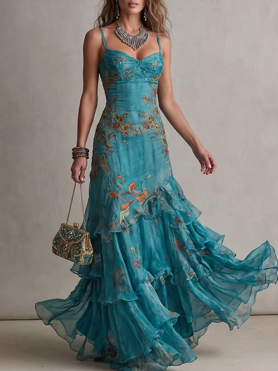 Spaghetti Strap Floral Embroidered Sheer Ruffle Maxi Dress