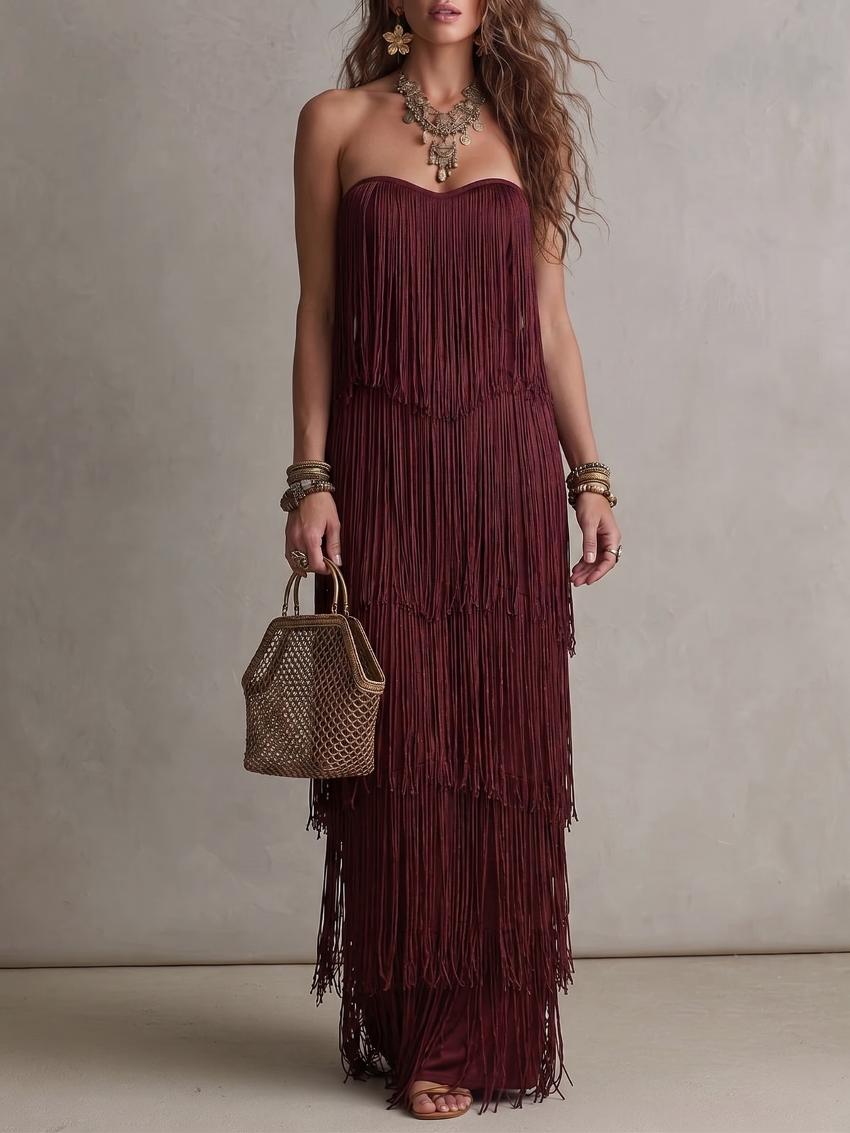 Strapless Tiered Fringe Detail Maxi Dress