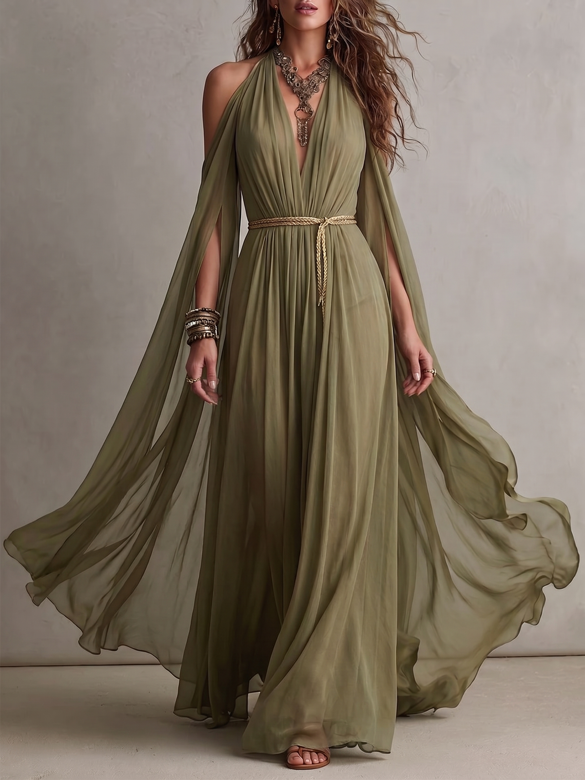 Cape Sleeve Deep V-Neck Braided Belt Maxi Dress