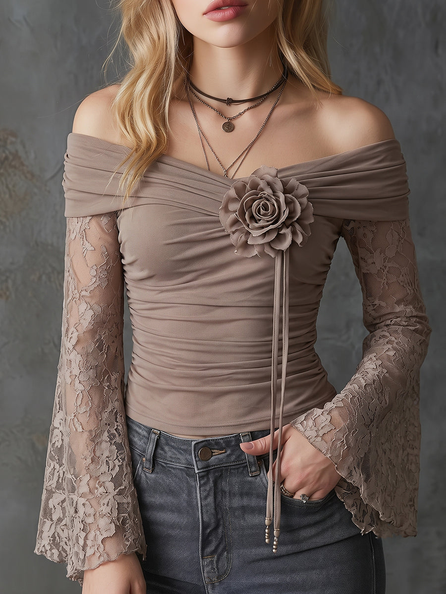 Off-Shoulder Lace Sleeve Ruched Top With 3D Rose Detail