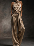 High Neck Satin Tie-Waist Jumpsuit