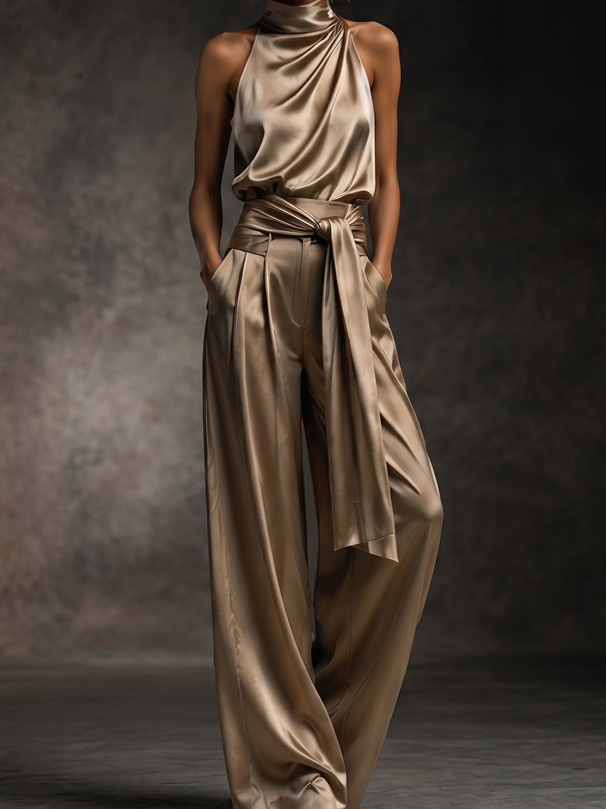 High Neck Satin Tie-Waist Jumpsuit