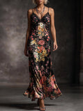 Black Floral Print Lace Trim Slip Maxi Dress