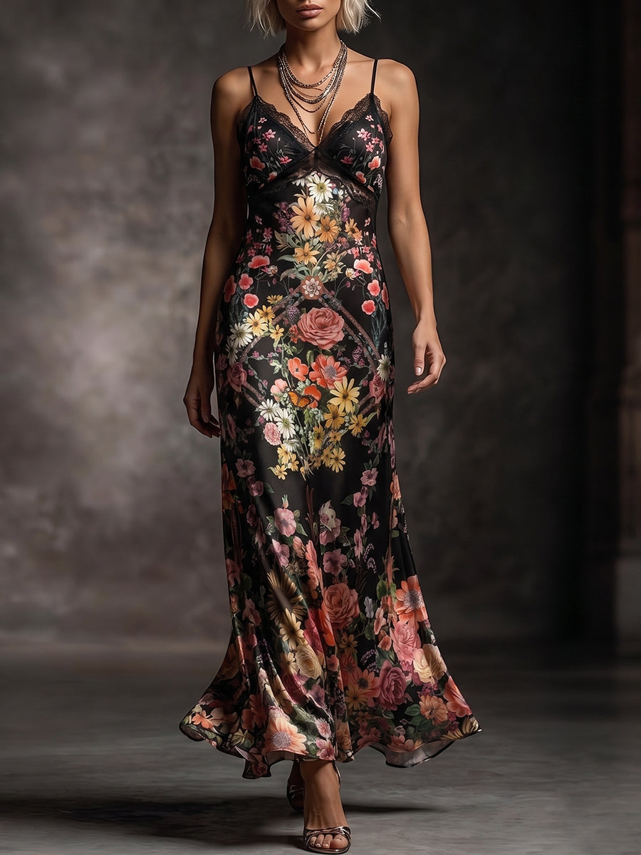 Black Floral Print Lace Trim Slip Maxi Dress