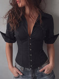 Black Deep V-Neck Hook-and-Eye Boned Corset Short Sleeve Shirt