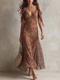 Mocha Leaf Print Cold-Shoulder Maxi Dress