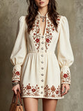 Cream Embroidered Button-Down Mini Dress