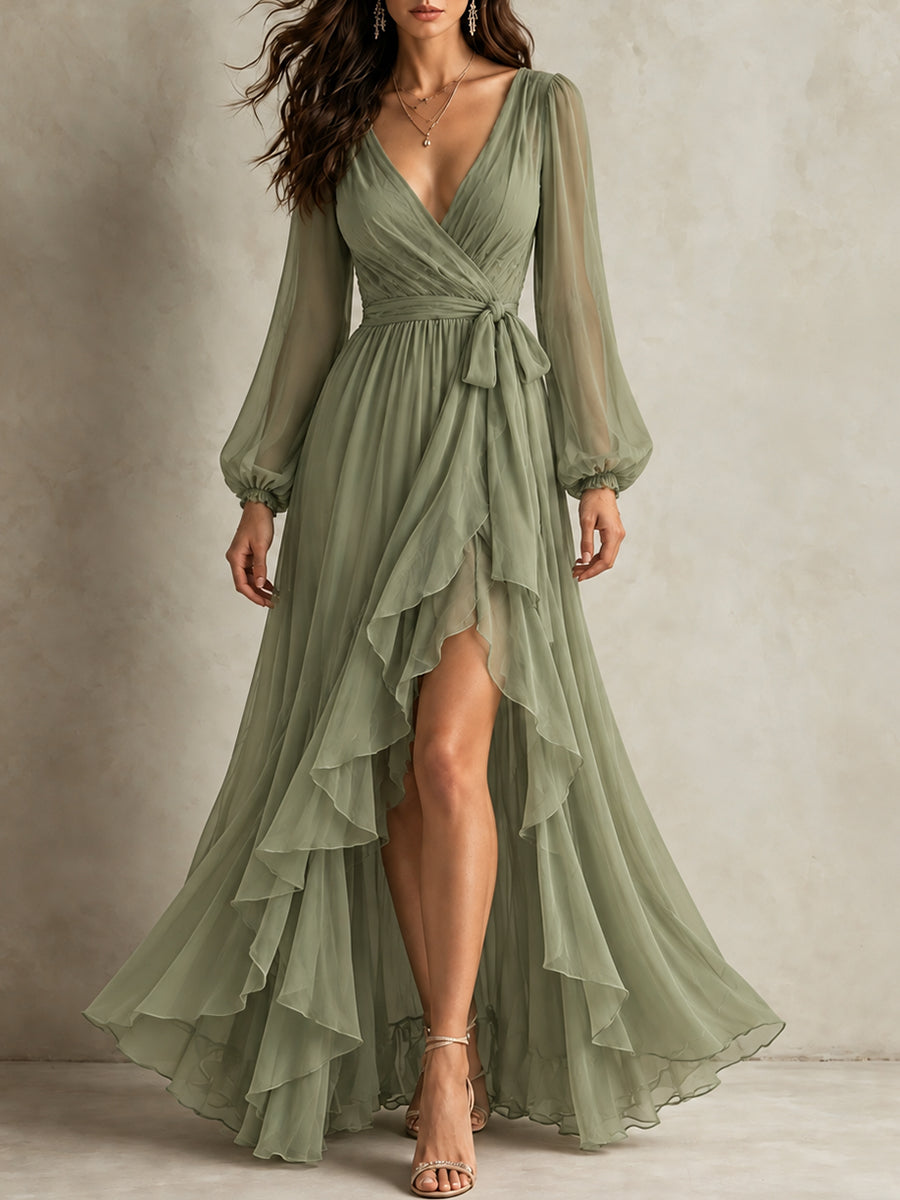 Sage Green Wrap Ruffle Maxi Dress