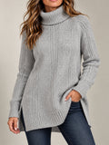 Grey Turtleneck Ribbed Tunic Sweater