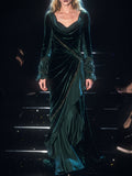Green Velvet Draped Long Sleeve Maxi Dress