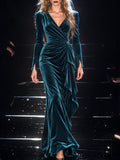 Teal Velvet V-Neck Draped Maxi Dress