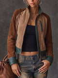 Brown Suede Color Block Zip Front Jacket