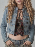 Blue Denim Military Zip Front Jacket