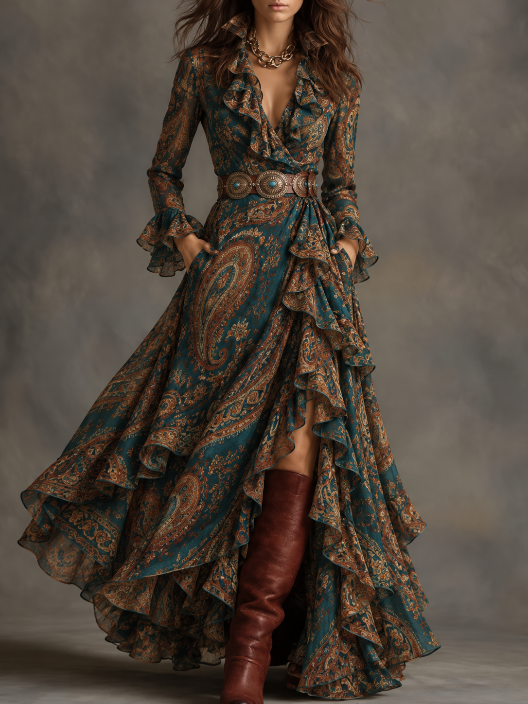 Teal Paisley Ruffle High Low Maxi Dress