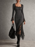Charcoal Lace Trim Long Sleeve Midi Dress