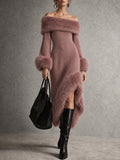 Mauve Faux Fur Trim Off Shoulder Midi Dress