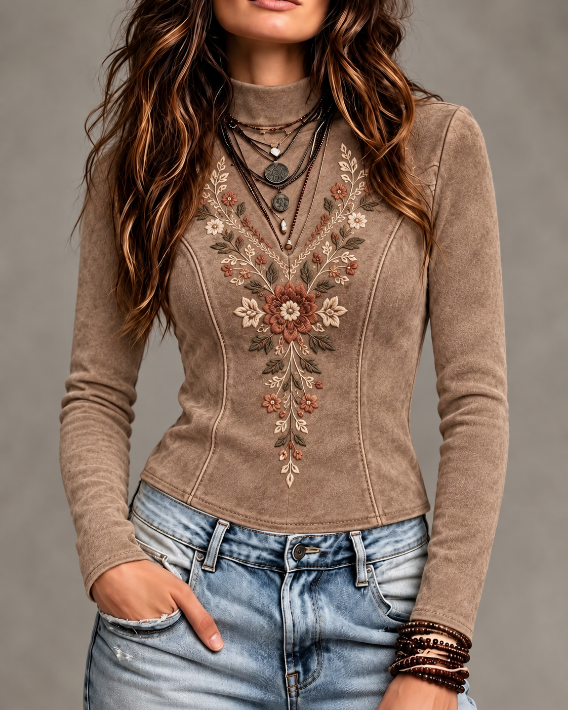 Taupe Faux Suede Floral Embroidered Mock Neck Top