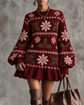Burgundy Snowflake Holly Ruffle Hem Sweater