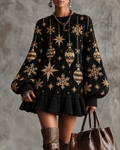 Black Gold Snowflake Ornament Ruffle Hem Sweater