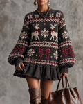 DarkGrey Reindeer Bow Ruffle Hem Sweater