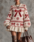 Cream Red Bow Snowflake Ruffle Hem Sweater