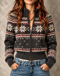 DarkGrey Fair Isle Zip Front Cardigan