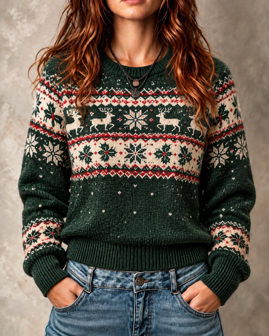 DarkGreen Reindeer Holly Fair Isle Sweater