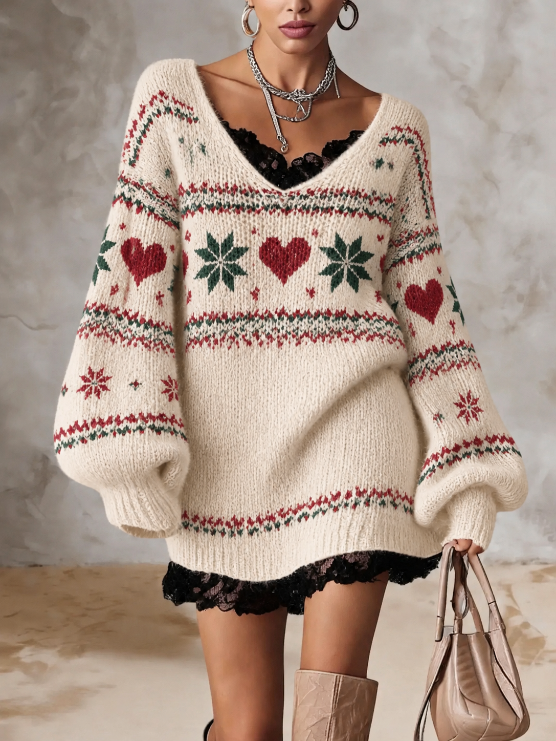 Cream Fair Isle Heart Snowflake V Neck Sweater