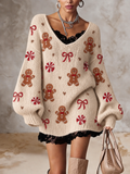Cream Gingerbread Candy Cane V Neck Sweater
