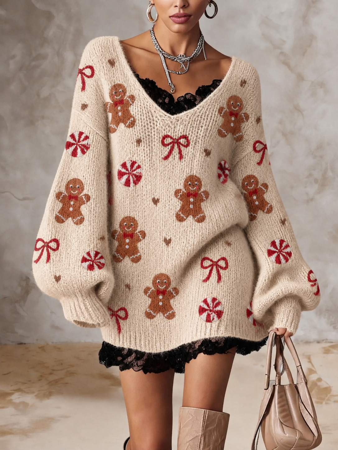 Cream Gingerbread Candy Cane V Neck Sweater