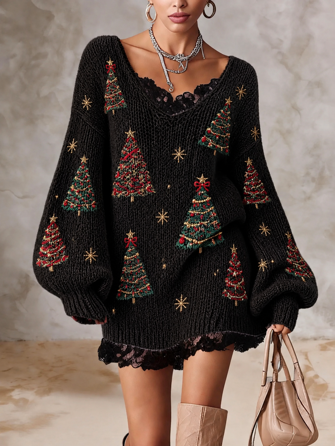 Black Christmas Tree Snowflake V Neck Sweater