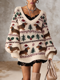 Cream Dachshund Christmas Tree V Neck Sweater