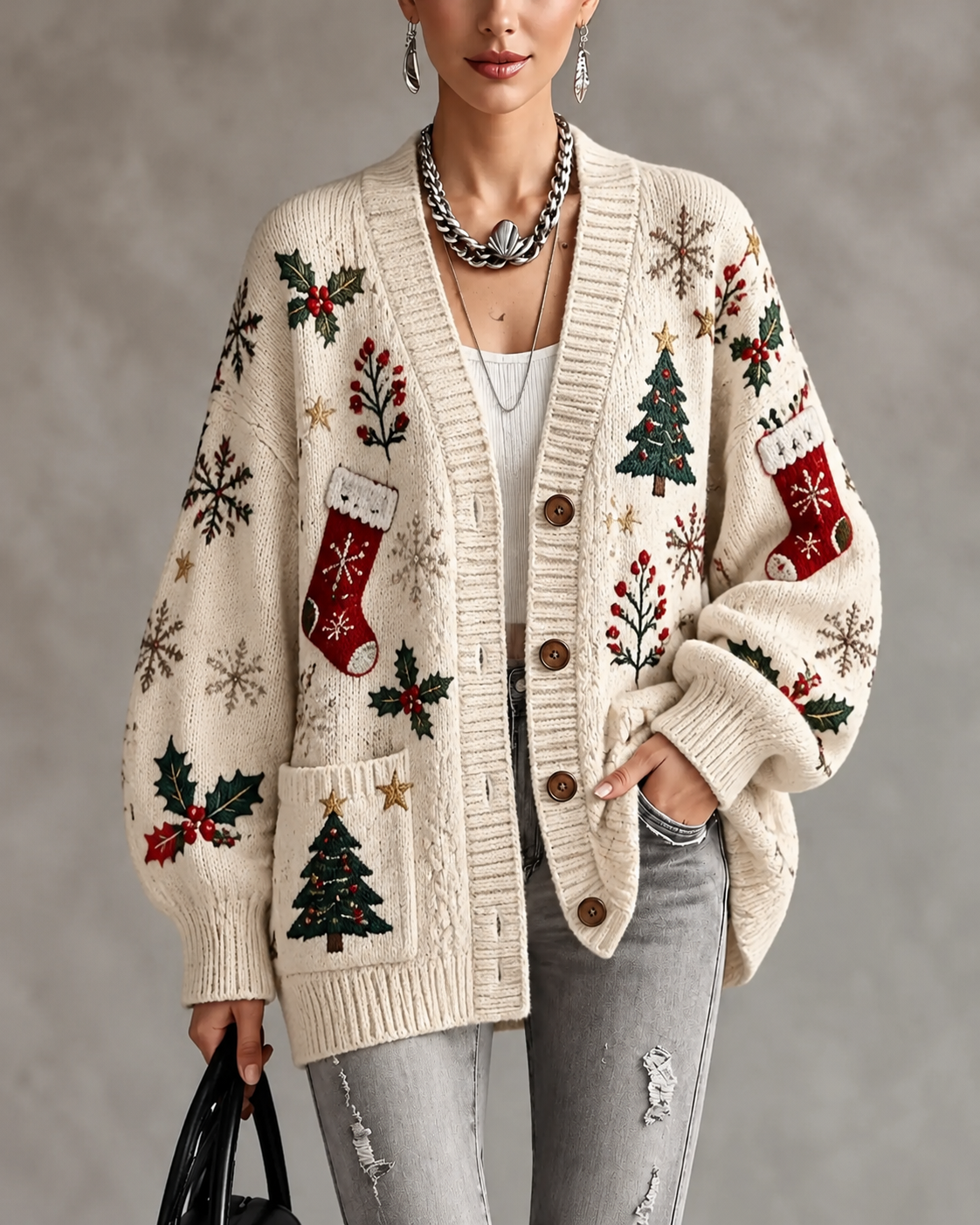 Cream Christmas Stocking Tree Button Front Cardigan