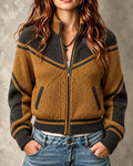 Mustard Charcoal Striped Zip Front Cardigan