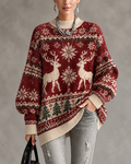 Burgundy Reindeer Snowflake Crew Neck Sweater